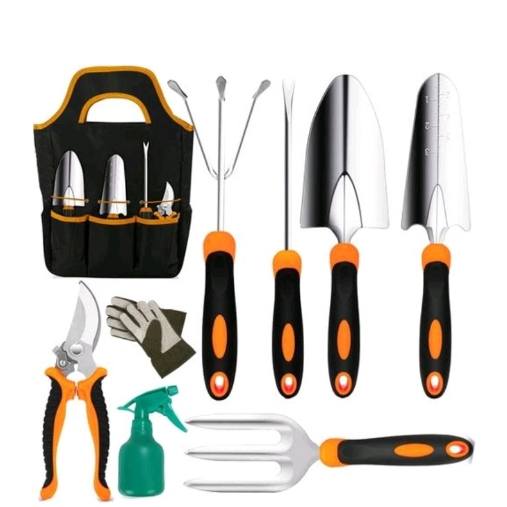 NIB Scuddles 9-Piece Garden Tool Set - Heavy Duty Gardening Kit with Tote Bag